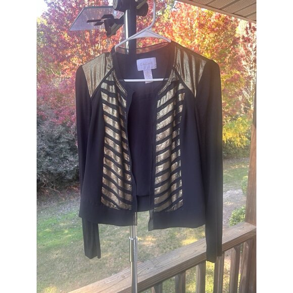 Cache Cardigan Jacket Open Front Top Black & Metallic Gold Holiday Party Size 0 - Picture 5 of 16